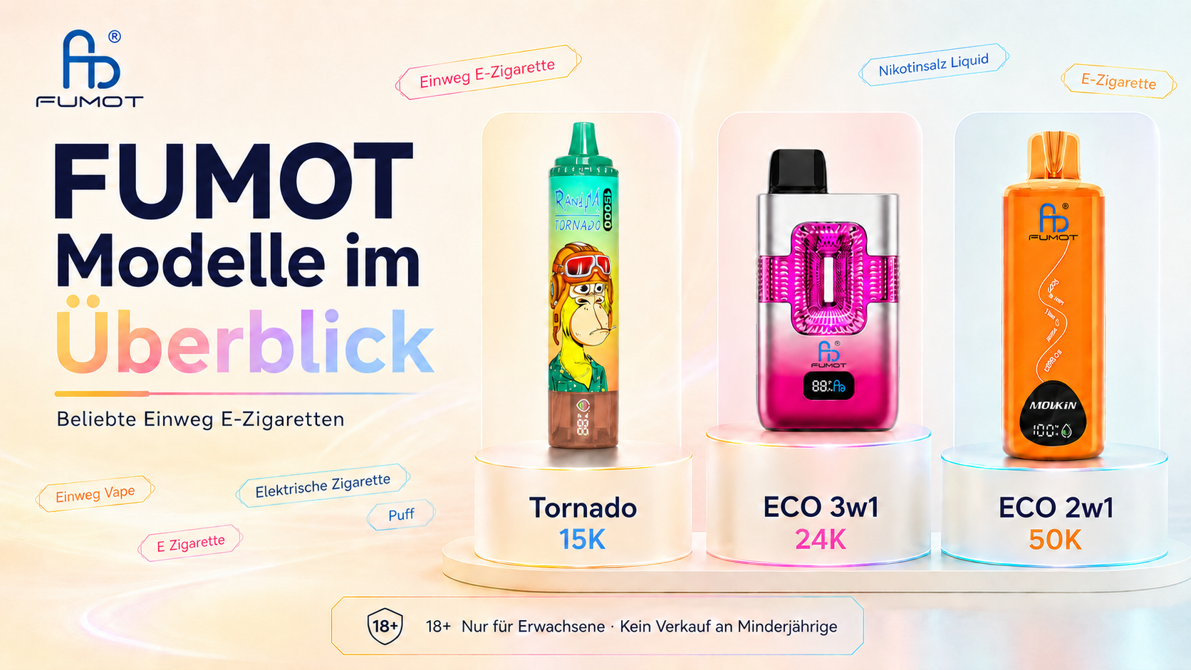 Fumot Modelle im Überblick Banner mit Einweg-E-Zigaretten für Erwachsene